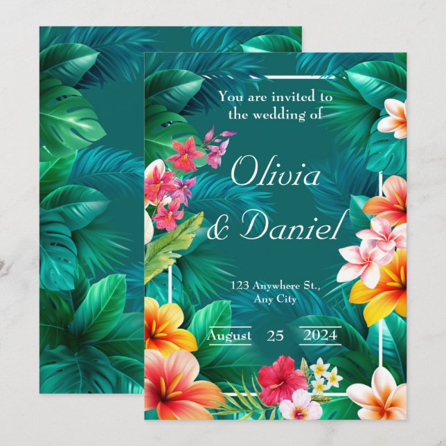 Convites Casamento Tropical Aloha Floral Greenery (Frente/Verso)