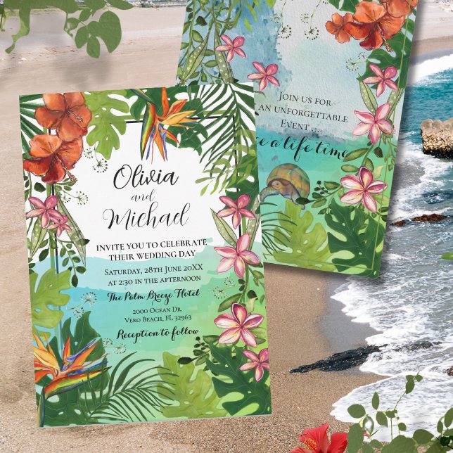 Convites Casamento Tropical Aquarela Pintado à Mão Único (Tropical Wedding Watercolor Unique Hand Painted Invitation)