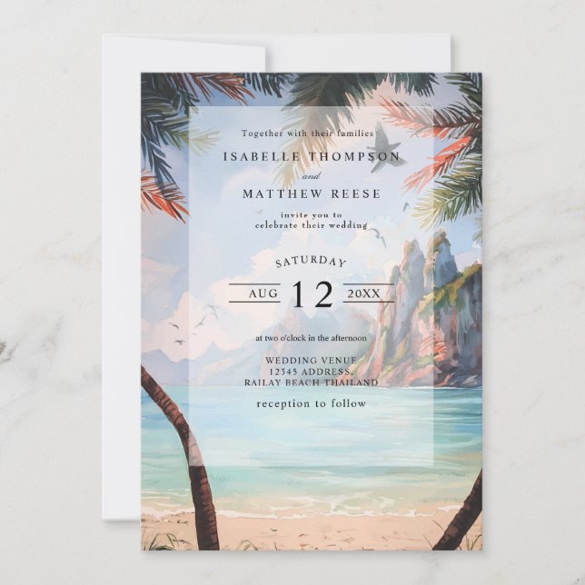 Convites Casamento Tropical Beach da Watercolor Thailand (Frente)