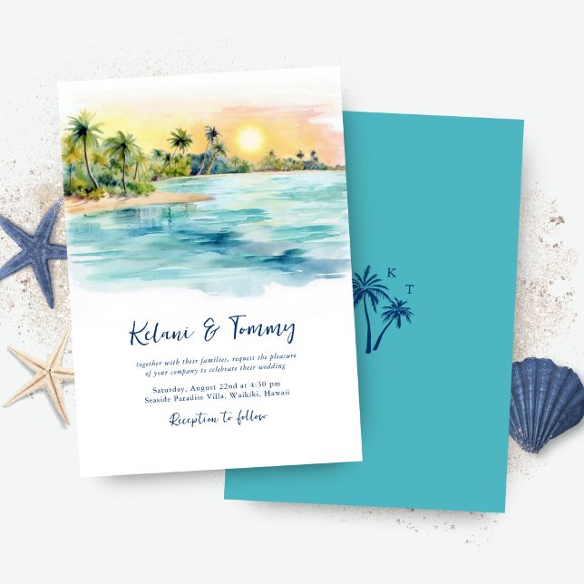 Convites Casamento Tropical Beach Sunset & Palm Tree (Criador carregado)
