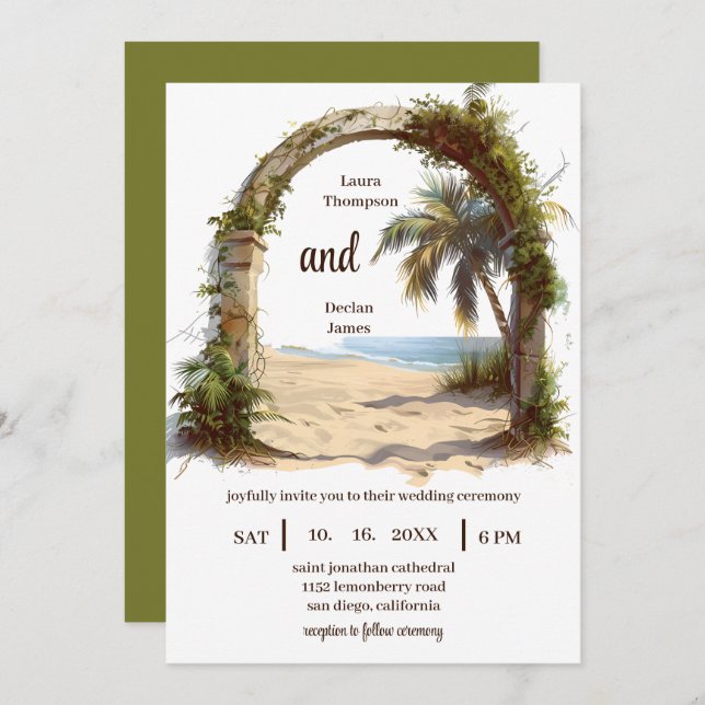 Convites Casamento Tropical Boho Beach, Árvore de Palma Whi (Frente/Verso)