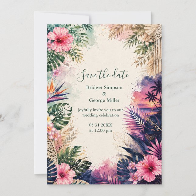 Convites Casamento Tropical Boho Luxuoso Havaí Collage  (Frente)