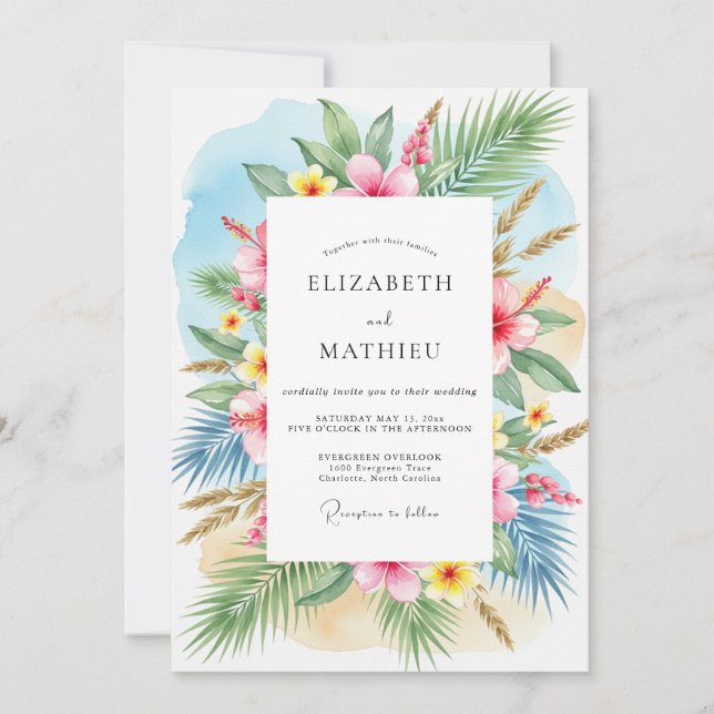 Convites Casamento Tropical Breezy Verde Azul (Frente)