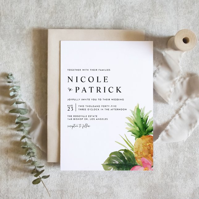 Convites Casamento Tropical com Abacaxi e Hibisco em Aquare (Customizable tropical wedding invitation featuring watercolor pineapple, greenery and flower.)