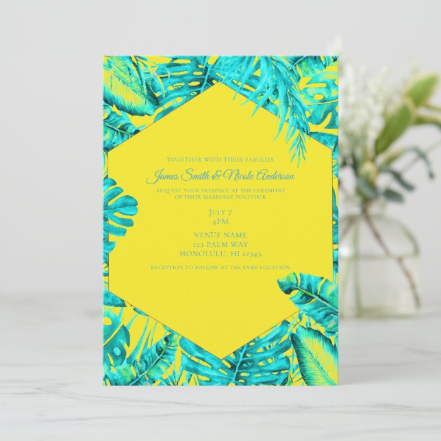 Convites Casamento Tropical com Folhas de Palmeira Amarelas (Em pé/Frente)