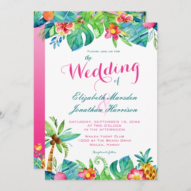 Convites Casamento Tropical com Gradiente Floral Rosa e Tur (Frente/Verso)
