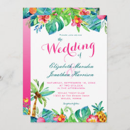 Convites Casamento Tropical com Gradiente Floral Rosa e Tur