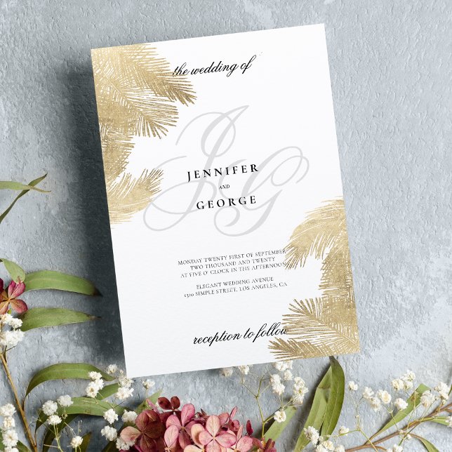 Convites Casamento tropical com monograma de ouro branco (White gold monogram initials tropical wedding )
