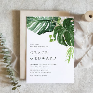 Convites Casamento Tropical com Monstera em Aquarela