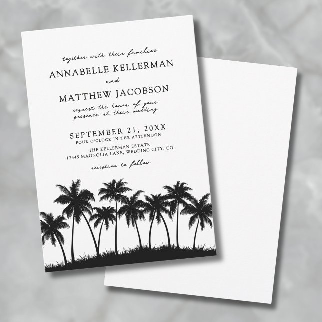 Convites Casamento Tropical com Palmeira (Modern Black White Palm Tree Tropical Wedding Invitation)