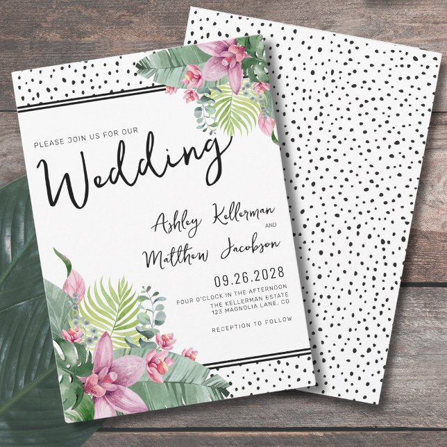 Convites Casamento Tropical com Palmeira Floral (Pink Green Floral Palm Watercolor Tropical Wedding Invitation)