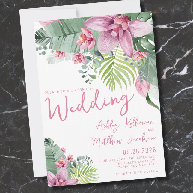 Convites Casamento Tropical com Palmeira Floral (Pink Green Floral Palm Leaves Tropical Wedding Invitation)
