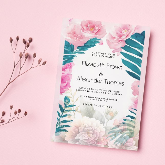 Convites Casamento tropical com palmeiras de palmeiras cor- (Watercolor pink peonies palm tree tropical wedding)