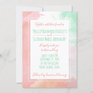 Convites Casamento Tropical Coral Neo Mint Watercolor