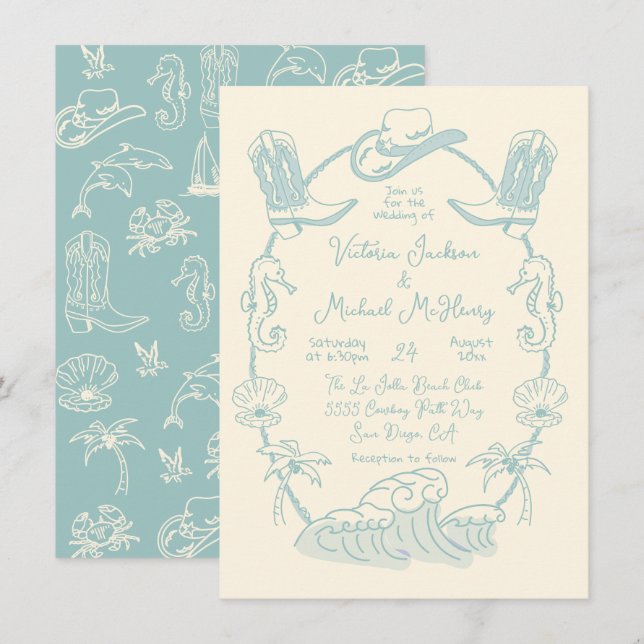Convites Casamento Tropical Costeira de Cowboy Praia Desenh (Frente/Verso)