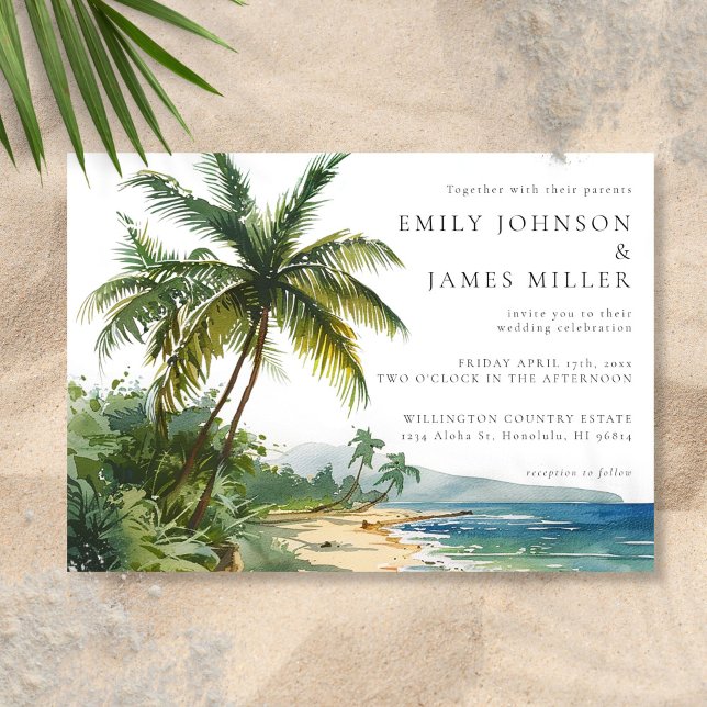 Convites Casamento Tropical de Árvores de Palmeira em Aquar (Watercolor Palm Trees Tropical Beach Wedding Invitation)