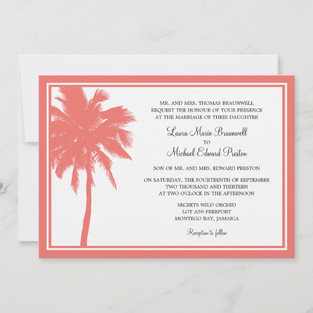 Convites Casamento Tropical de Coral Palm Tree (Frente)