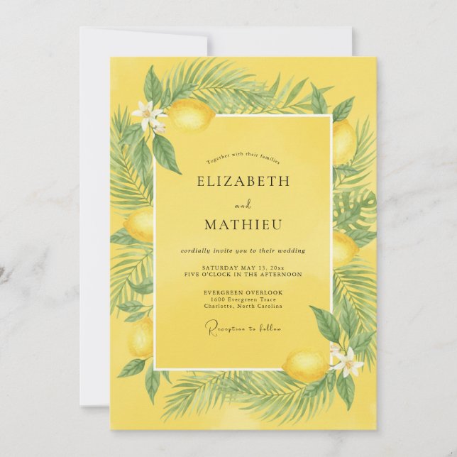 Convites Casamento Tropical de Eucalipto com Limão Amarelo (Frente)