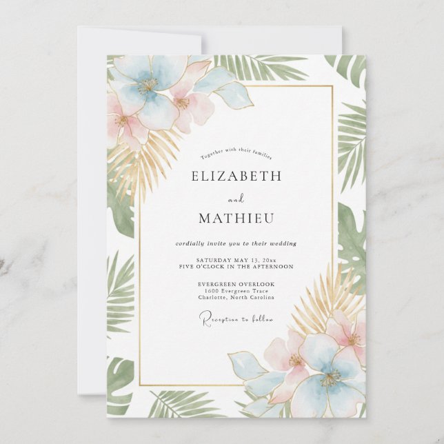 Convites Casamento Tropical de Eucalipto com Menta e Champa (Frente)