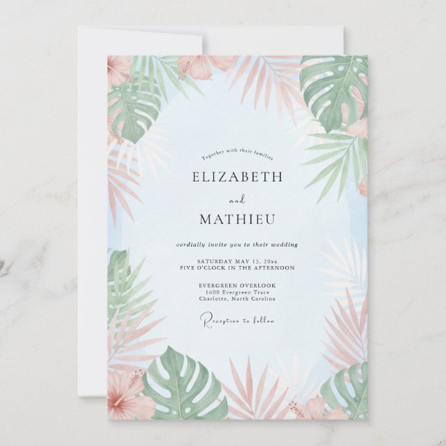 Convites Casamento Tropical de Eucalipto Pêssego Menta (Frente)