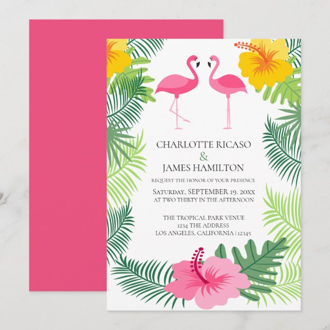 Convites Casamento Tropical de Flamingo Rosa Personalizado (Frente/Verso)