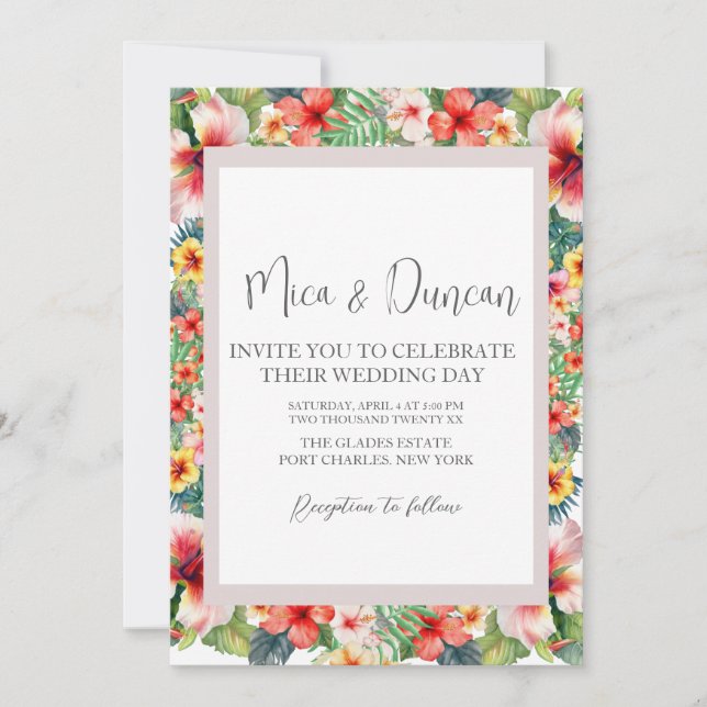 Convites Casamento Tropical de Hibiscus (Frente)