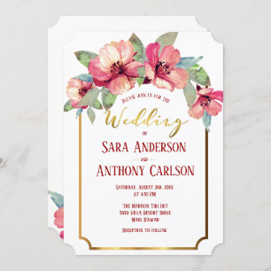 Convites Casamento Tropical de Hibiscus Gold Foil