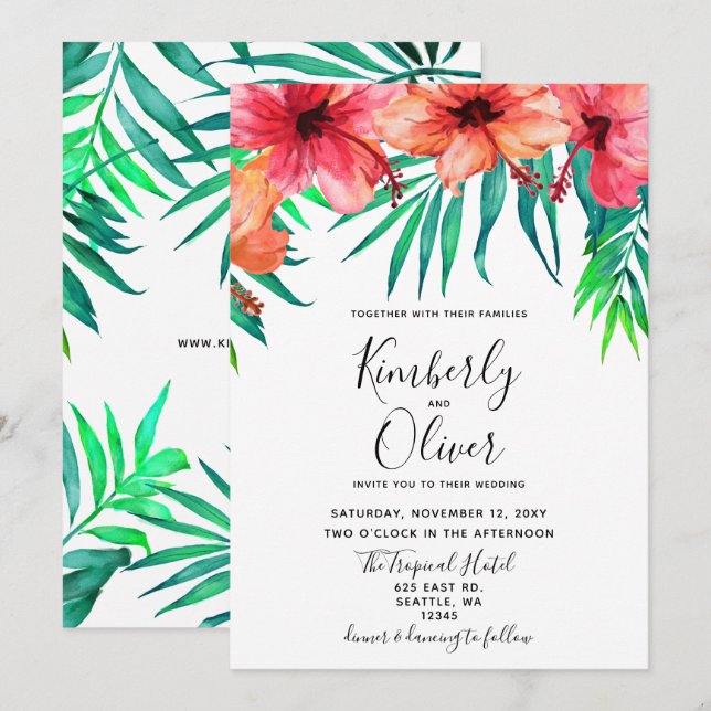 Convites Casamento Tropical de Hibiscus Hawaiian Beach (Frente/Verso)