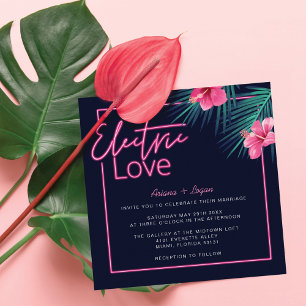 Convites Casamento Tropical de Neon Pink com Amor Elétrico