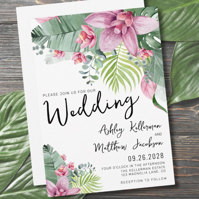 Convites Casamento Tropical de Palm Floral Modern Watercolo (Modern Floral Botanical Palm Tropical Wedding Invitation)
