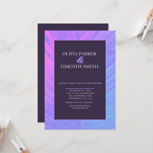 Convites Casamento Tropical de Palma de Neon Moderno Minima (Frente/Verso In Situ)