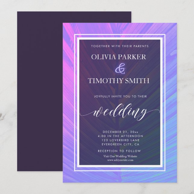 Convites Casamento Tropical de Palma de Neon Moderno Minima (Frente/Verso)