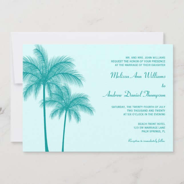 Convites Casamento Tropical de Palmeira Azul (Frente)