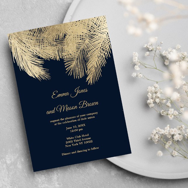 Convites Casamento tropical de palmeira de ouro azul-marinh (Classy navy blue gold palm tree tropical Wedding )