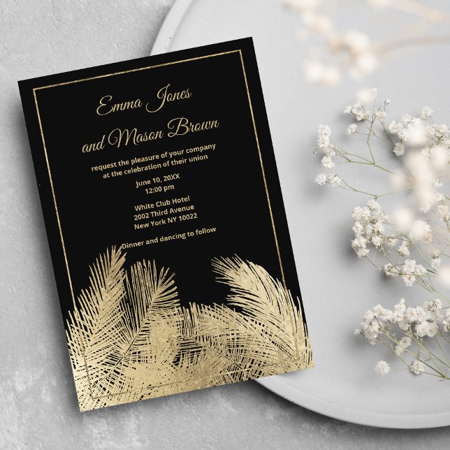 Convites Casamento tropical de palmeira de ouro negro de lu (Luxury black gold palm tree tropical Wedding)