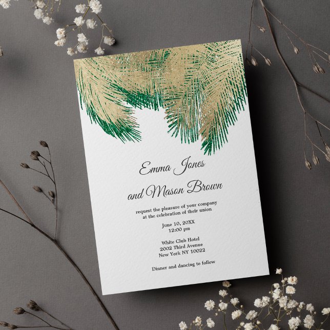 Convites Casamento tropical de palmeira verde de ouro de lu (Luxury gold green palm tree tropical Wedding )