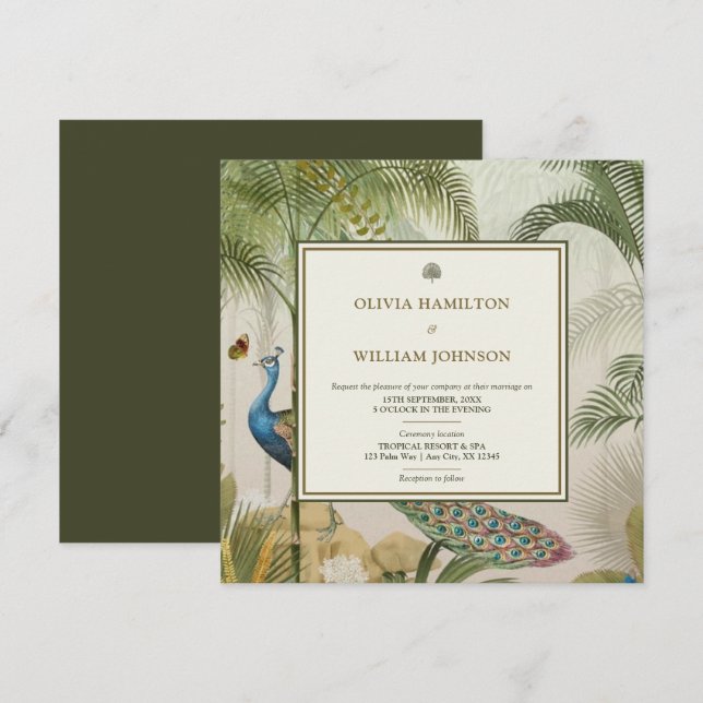 Convites Casamento Tropical de Pavão Tropical Olive Green (Frente/Verso)