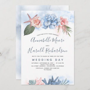 Convites Casamento Tropical de Praia Dusty Blue e Blush