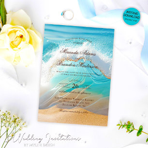 Convites Casamento Tropical de Praia Romântica Blue Ocean O