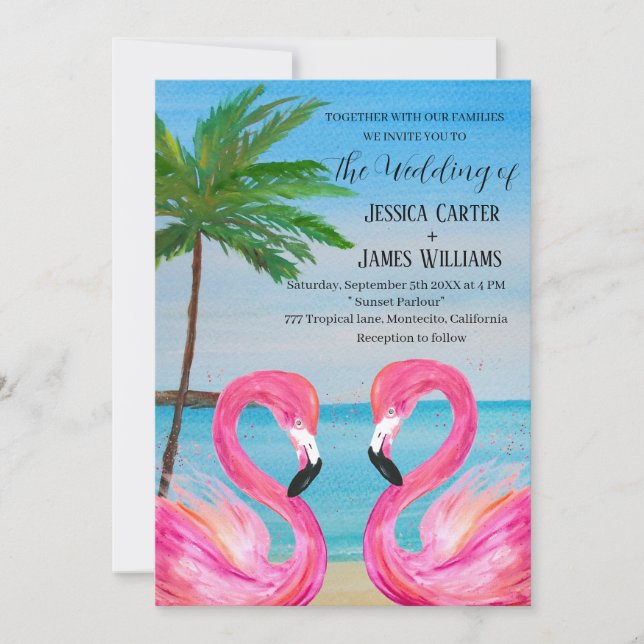 Convites Casamento Tropical de Praia Rosa Flamingo (Frente)