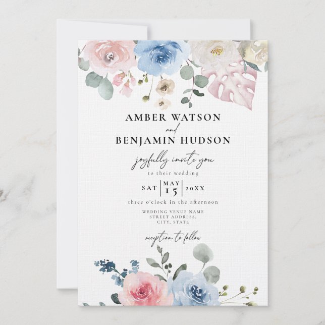 Convites Casamento Tropical de Praia Rosa-Rosa-Rosa-Azul-Cl (Frente)