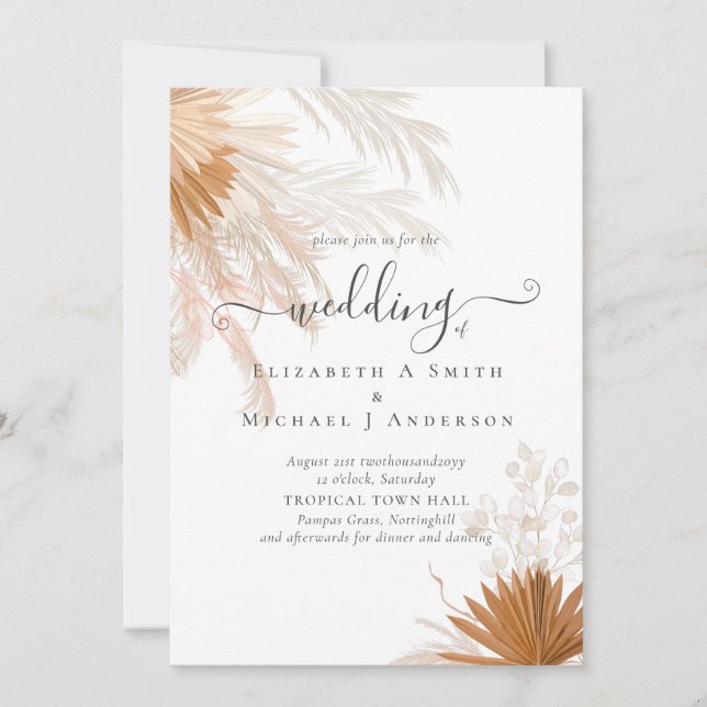 Convites Casamento Tropical de Terracotta Pampas Grass (Frente)