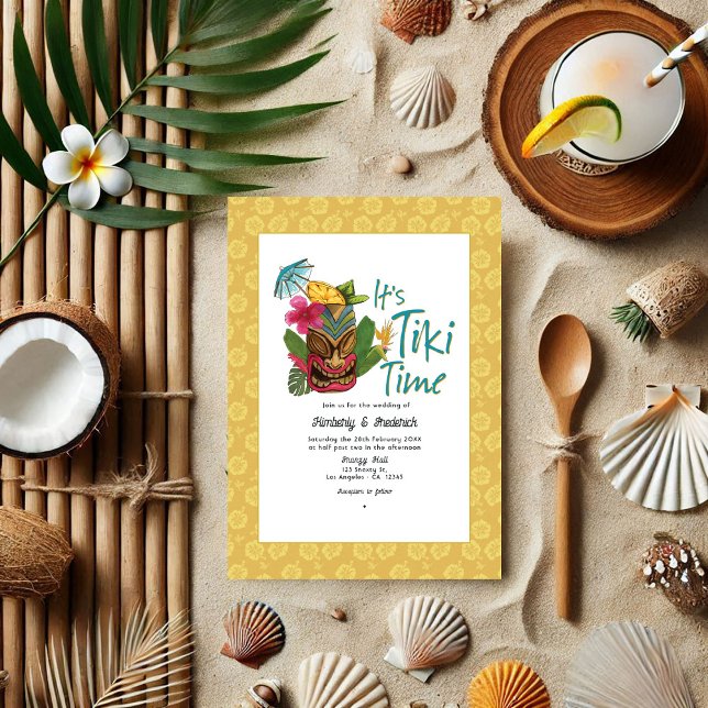 Convites Casamento Tropical de Tiki Reprodutor (Playful Tropical Tiki Wedding Invitation)