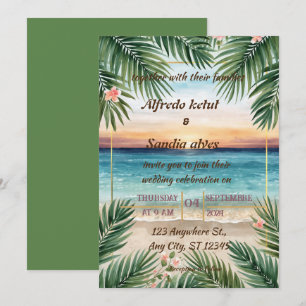 Convites casamento tropical de verão com palmeira na praia