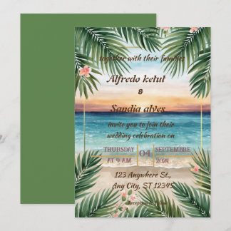 Convites casamento tropical de verão com palmeira na praia