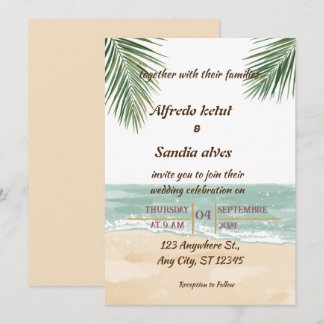 Convites casamento tropical de verão com palmeira na praia