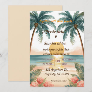 Convites casamento tropical de verão com palmeira na praia
