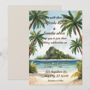 Convites casamento tropical de verão com palmeira na praia