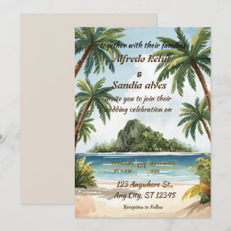 Convites casamento tropical de verão com palmeira na praia