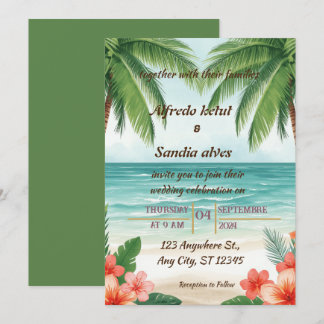 Convites casamento tropical de verão com palmeira na praia